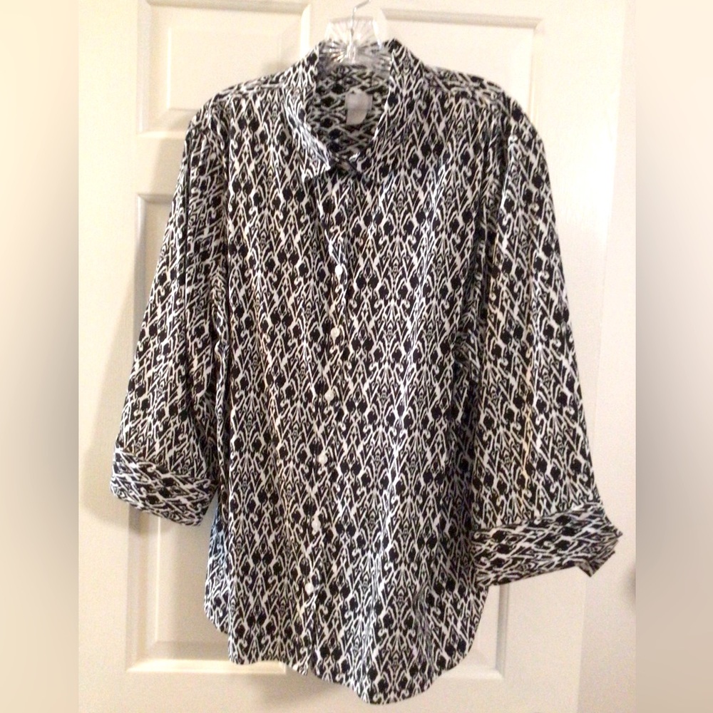 Chico’s 3/4 Sleeve Ikat Print No-Iron Cotton Blouse Size 3.5 (18)